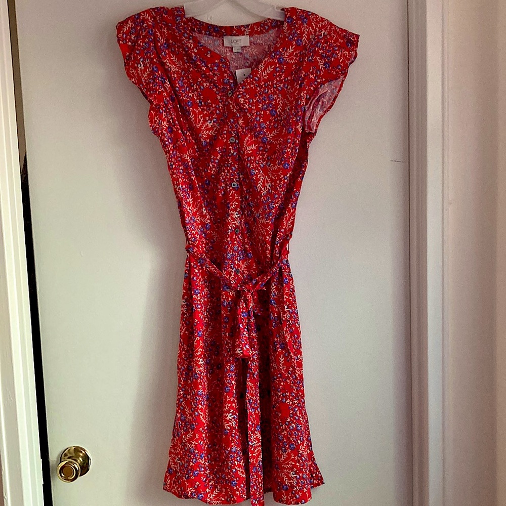 Red Floral Print Loft Dress NWT